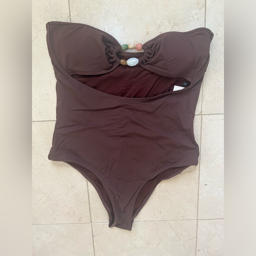 NWT ZARA Brown One-Piece Swimsuit / bodysuit with Beaded Detail